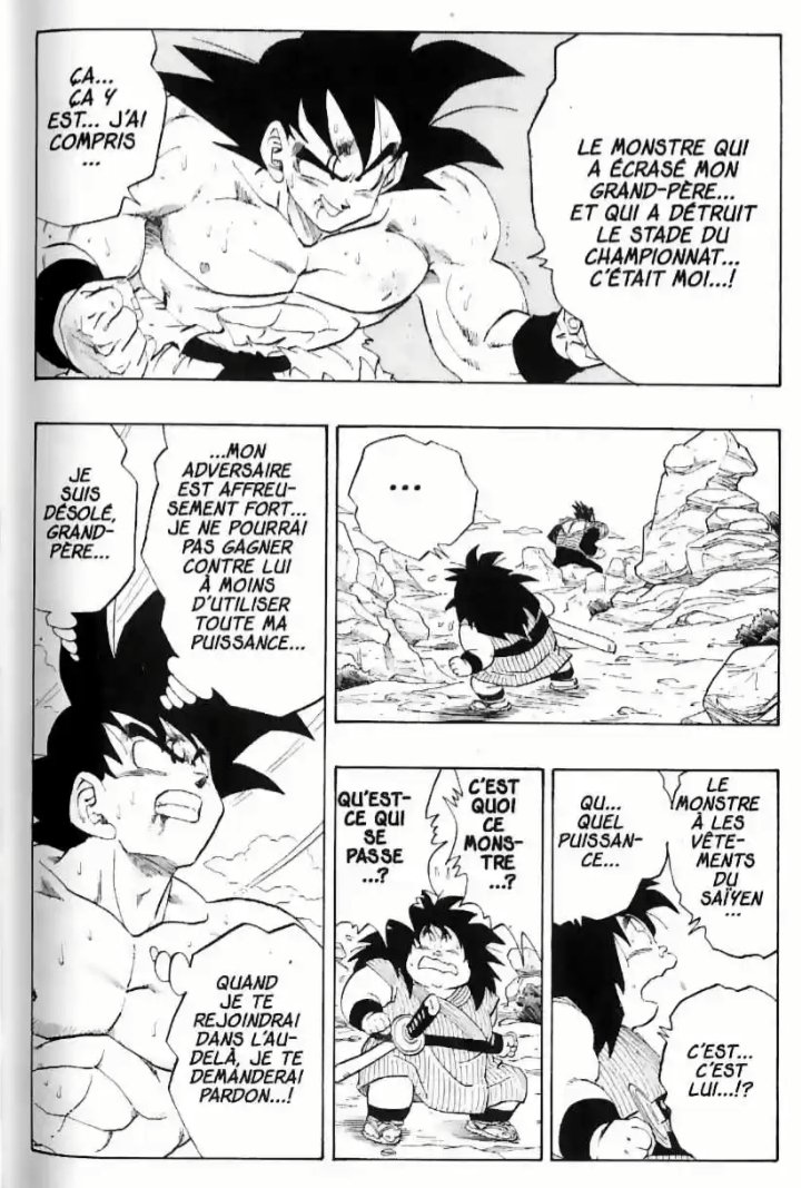 C'est aussi Vegeta qui fait se rendre compte à Goku du chemin qu'il lui reste à parcourir en tant que combattant mais surtout qui lui fait comprendre à travers des informations sur les Sayans et leur forme oozaru que c'est lui l'assassin de son grand père, Songohan.