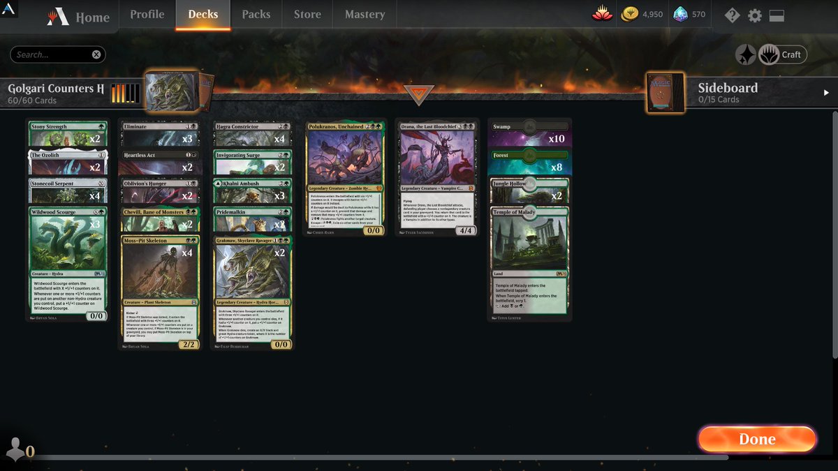 MjCo1986's tweet photo. @Hello_Good_Game Hey HGG, would love if you had time to take a look at my golgari counters deck. Hagra constrictor giving everything menace and moss pit coming back each time with ozolith. Could use some tuning I’m sure let me know what you think. Thanks! https://t.co/GEAltYO4L9