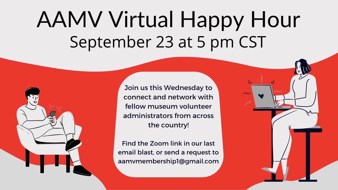 MuseumVols's tweet photo. AAMV’s Fall Virtual Happy Hour starts in just a few hours!
⁣⁣
Members can join us today at 5 PM CST to connect &amp; network with fellow museum volunteer administrators from across the country!
⁣⁣
Find the Zoom link in your email or send a request to aamvmembership1@gmail.com https://t.co/RuR4hDwmqP