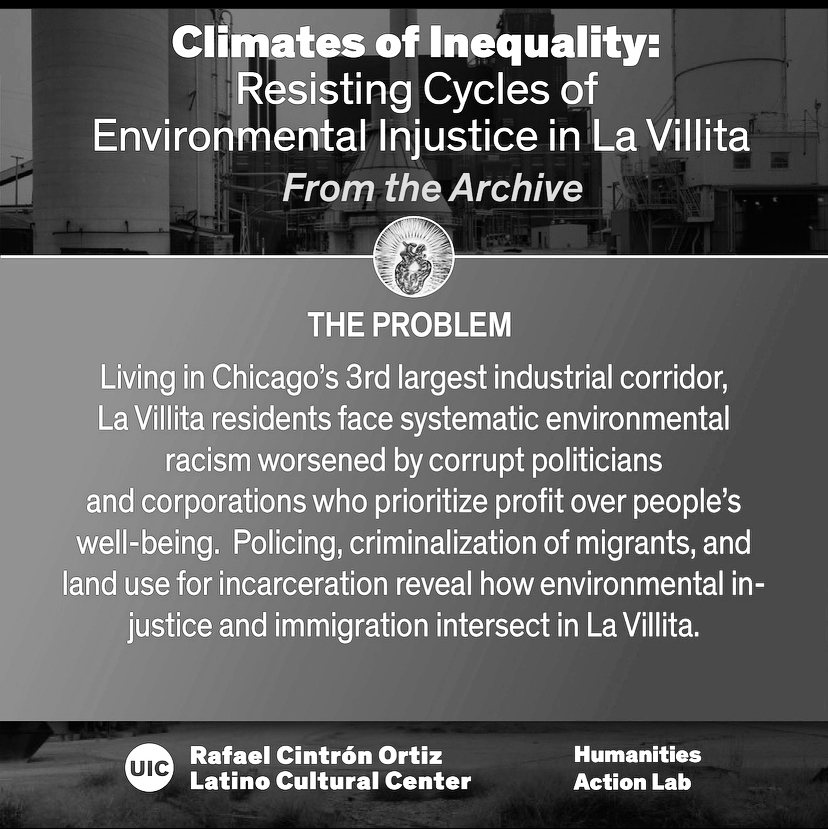 UICLCC's tweet photo. UIC students mapped out environmental hazards in the Little Village community, outlined by the dark gray lines and areas. The map reveals spaces used for industrial and incarceration sites in La Villita. Photo courtesy of UIC students. #climatesofinequality #HumanitiesActionLab https://t.co/5wlOXP4IkT