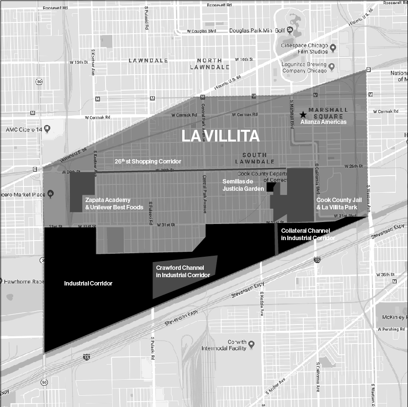 UICLCC's tweet photo. UIC students mapped out environmental hazards in the Little Village community, outlined by the dark gray lines and areas. The map reveals spaces used for industrial and incarceration sites in La Villita. Photo courtesy of UIC students. #climatesofinequality #HumanitiesActionLab https://t.co/5wlOXP4IkT