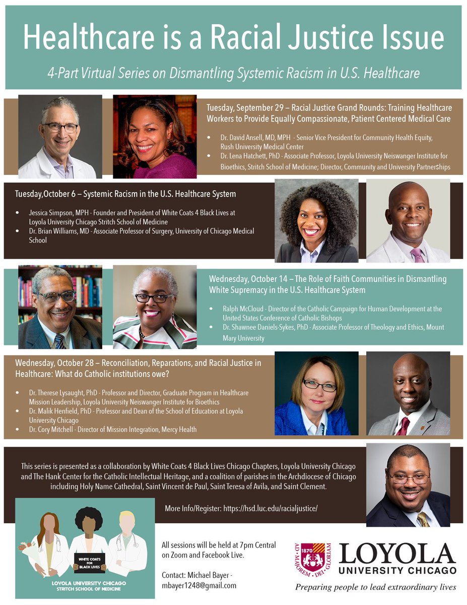 Join us for the series, "Healthcare is a Racial Justice Issue." Each session will address different aspect of dismantling #SystemicRacism in U.S. #healthcare system. We are excited for the collaboration with #Catholic parishes &amp; <a href="/LoyolaChicago/">Loyola University Chicago</a>! Register: buff.ly/2FWjXa3