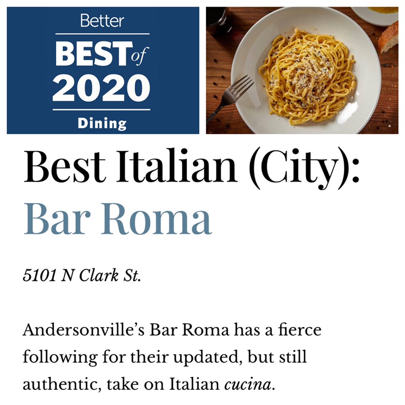 BarRomaChicago's tweet photo. We are thrilled to be named "Best Italian in Chicago" by @ChicagoBetter! Thank you to everyone who voted for #BarRoma! ❤️ #bestof2020 #betterbestof #betterbestof2020 #locallove #celebratelocal #bestitalian #andersonville #betterchicago #supportlocal https://t.co/NqDijCH2dj