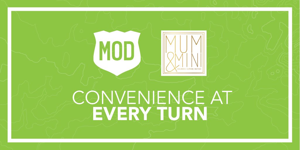 Even more  brands you’re looking for will be here soon. No need to drive all over the city looking for Mod Pizza or Mum &amp; Mini. You'll be able to stop in for just about anything you need, all right here. Convenience without compromise!