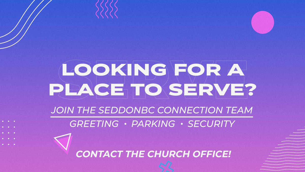 SeddonBC's tweet photo. If you are looking for a place to exercise your spiritual gifts and serve the body of Christ and community, the contact the church office about joining an area of our Connection Team (greeting, parking, and security)! 

For more information, contact the church office! https://t.co/4IYxdBj9gF