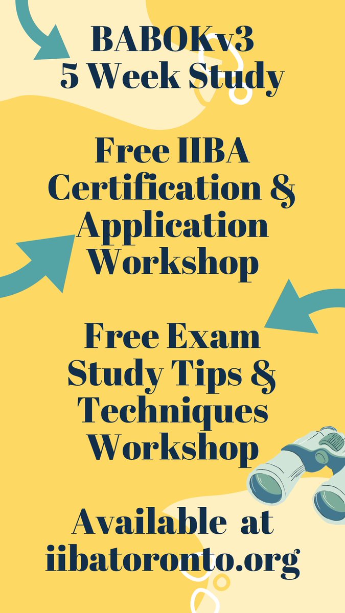 <a href="/IIBAToronto/">IIBA Toronto</a> presents workshops  iibatoronto.org 

#BABOK Study Group
Starts 29 -Sep

Free #IIBA #Certification &amp; Application Workshop

Free Study Tips &amp; Techniques Workshop

Analytical Process Modeling Workshop

#ecba #ccba #cbap #analysis #career #examprep #studytips