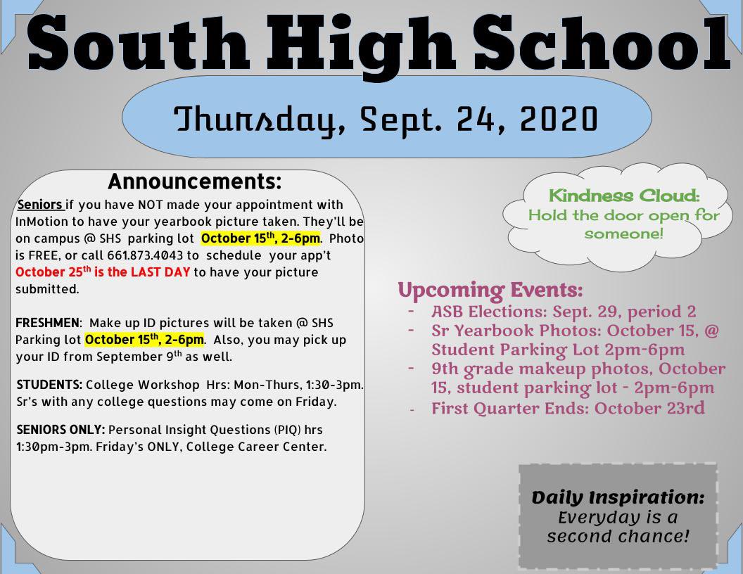SHSpartanNation's tweet image. Our daily bulletin 9/24/2020