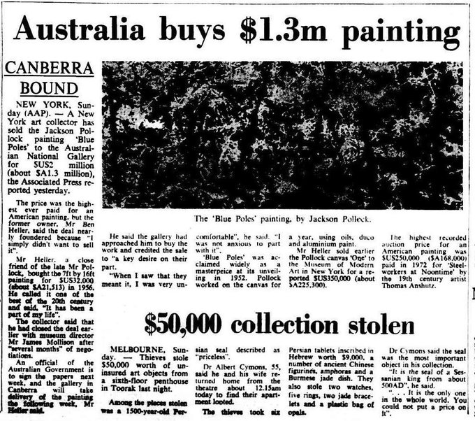 September 24, 1973: The Whitlam government bought Jackson Pollock's Blue Poles, spending $1.3 million on the masterpiece for the National Gallery of Australia.