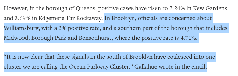 But...of the 3 neighborhoods mentioned by this Health Dept official, Ocean Parkway only runs through one of them. Ocean Parkway is, for much of its length, quite Jewish. So this seems to me, and I& #39;m happy to be corrected, a "the Jews are spreading COVID" wink.