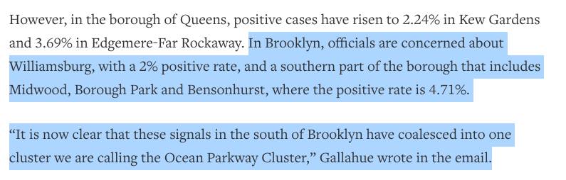 But...of the 3 neighborhoods mentioned by this Health Dept official, Ocean Parkway only runs through one of them. Ocean Parkway is, for much of its length, quite Jewish. So this seems to me, and I'm happy to be corrected, a "the Jews are spreading COVID" wink.