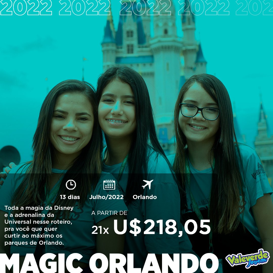 ValeverdeTur's tweet photo. A magia da Disney e a adrenalina da Universal nesse roteiro incrível! Curta ao máximo os parques de Orlando 🙃

📅 PERÍODO: Julho/2022
📍 Incluso:
- Passagem aérea
- Terrestre
- Hospedagem
- Taxas
- Seguro de viagem

📌 A partir de 21x de U$ 218,05 SEM JUROS!
*Preço por pessoa em https://t.co/3IZrC7pG66
