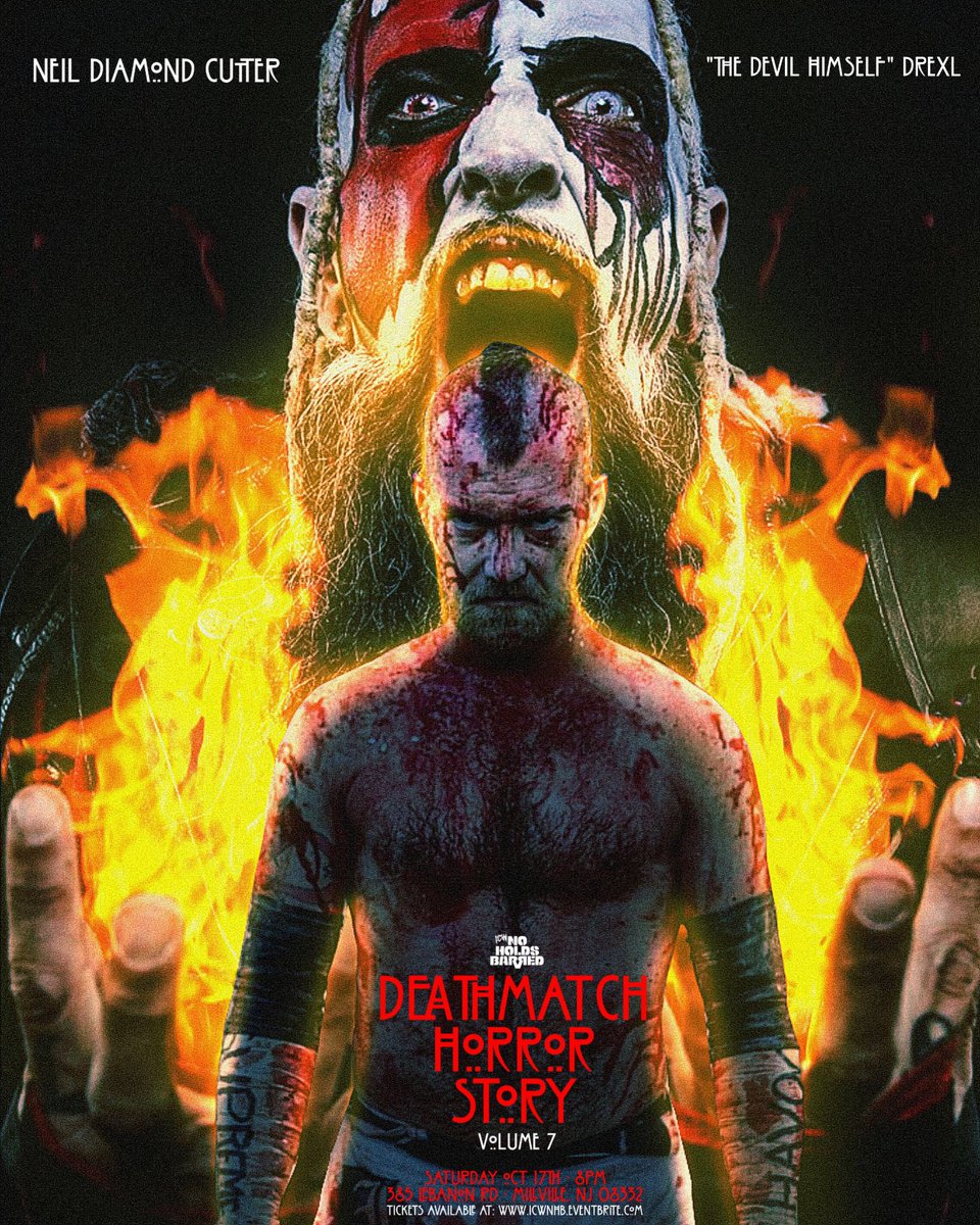 NHBTheChains's tweet photo. FIGHT ANNOUNCEMENT 🚨

FRESH MEAT ☠️ 
NEIL DIAMOND CUTTER vs “THE DEVIL HIMSELF” DREXL

SATURDAY OCTOBER 17th LIVE! from “THE FIELD OF FEAR” - 
MILLVILLE NJ #NHB7 

TICKETS - 
https://t.co/tLjph2jgxq

Watch LIVE on the IWTV app by using the code ICWNHB for 5 days FREE! https://t.co/ljMLBGrhDK