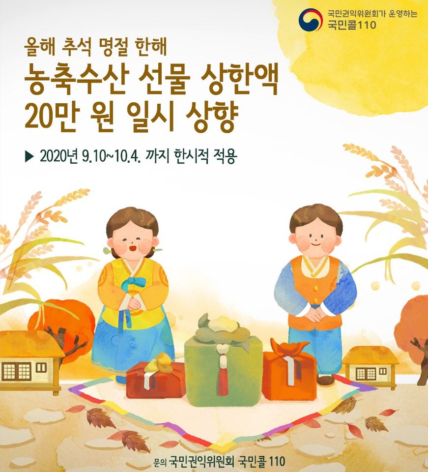 ▶ 올해 추석 명절 한해 농축수산 선물 상한액 20만 원 일시 상향

▶ 2020년 9.10~10.4. 까지 한시적 적용

✔자세한 내용은 국민권익위원회 공식 블로그 bit.ly/3ii2CX4

#추석 #농수축산물 #농축수산가공품 #선물
#우리_농가를_응원해_주세요!

#전국어디서나 #국번없이110 #365일24시간