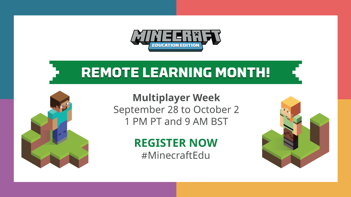 PlayCraftLearn's tweet photo. Thanks to @digitalrichards and @RobBurke33 for their expertise on collaborative learning! Don't miss next week's webinars about using #MinecraftEdu multiplayer games as a virtual space for remote learning. Register here: https://t.co/SplVsXuPva https://t.co/pmyl3FZpfY