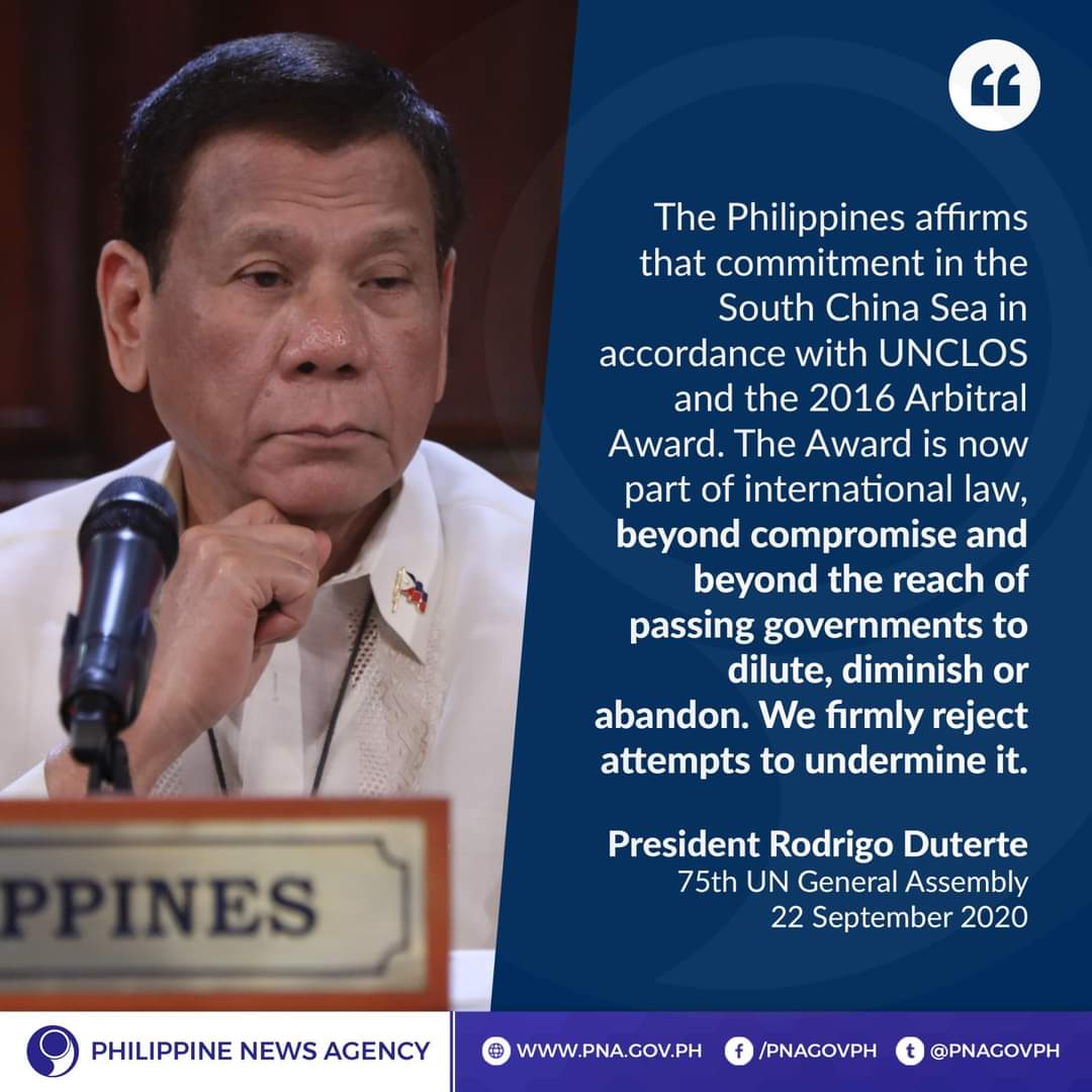 pnagovph's tweet photo. President Rodrigo Duterte asserts the Philippines' maritime claims over the South China Sea.
#UNGA75
#UNGeneralAssembly75 https://t.co/1X5TgRCbmB