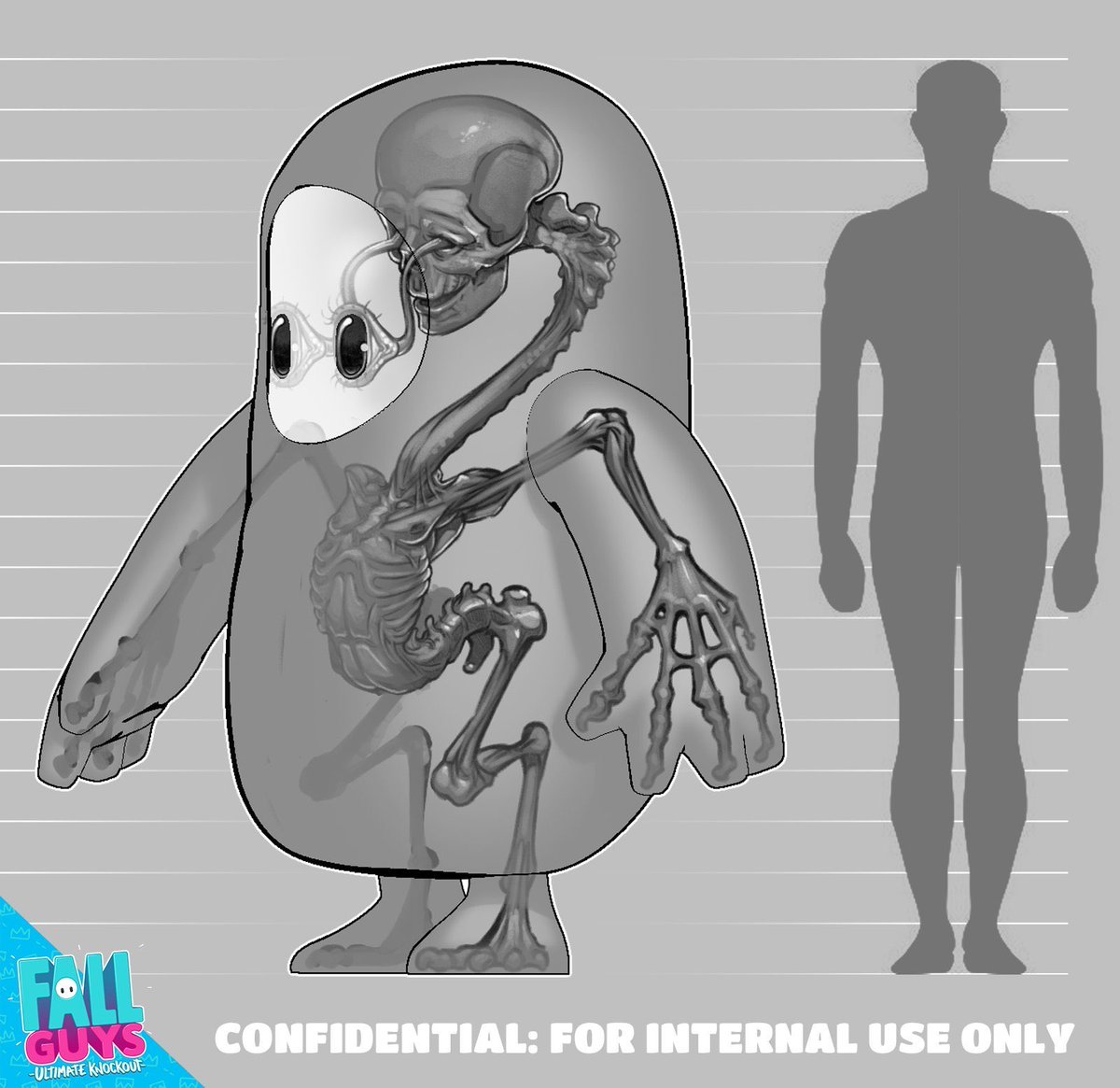よーん Fall Guysの骨格 明らかに人間のミュータント化生物でしょ ゲームの世界観はよく知らないけど 神のような科学技術を持った支配層があのサバイバルゲームのためだけに人間を作り替えたて管理 支配するディストピアが舞台なのだろうか