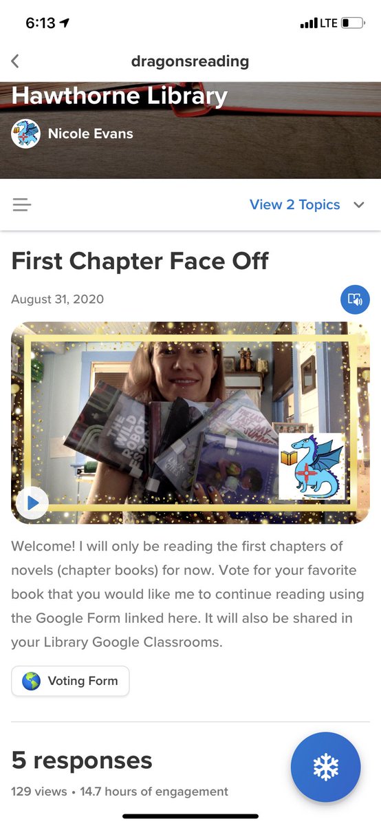 BookDragon505's tweet image. I just started what I’m calling “First Chapter Face-Off.” I used Flipgrid to post videos of me reading just the first chapters of books. I included a link to a Google form to vote for the book they want me to continue reading. #flipgridfever #NMSchoolLibrarians @apslibs