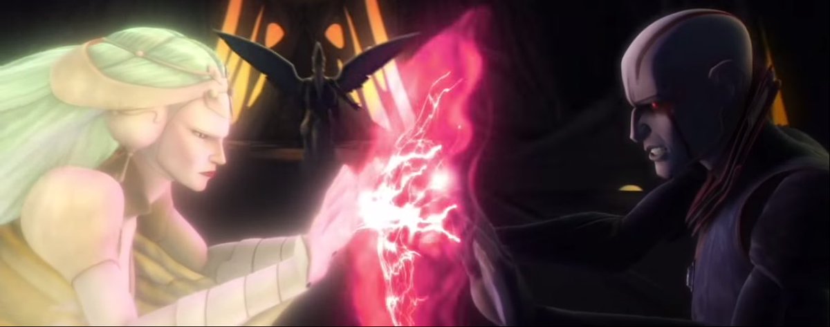 So Rey ends up fighting with the Knights of Ren and goes into a rage and gets super dark. And just like in TROS, she shoots Force lightning. Except this time it's purple (hmm similarly to the Son of Mortis who has red lightning).