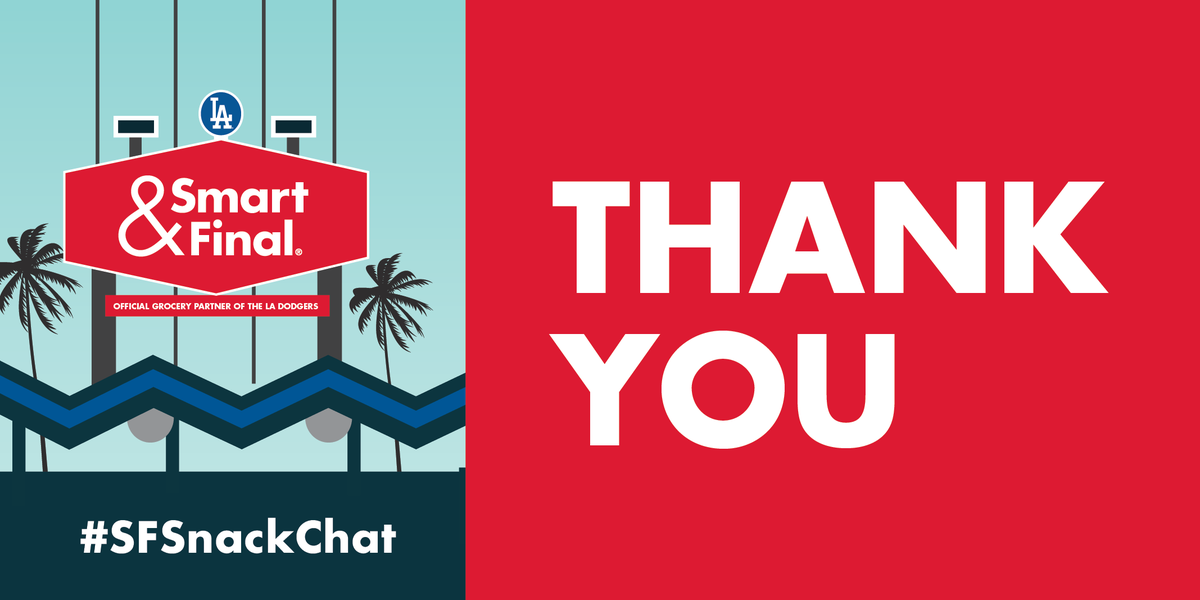 smartfinal's tweet photo. Thank you for chatting snacks with us! Shout out to the @Dodgers and to all of our fans. Stay tuned for our winner announcement. And remember, knock stadium snacks out of the park this postseason at Smart &amp; Final. #SFSnackChat https://t.co/DBiLDe99Ji