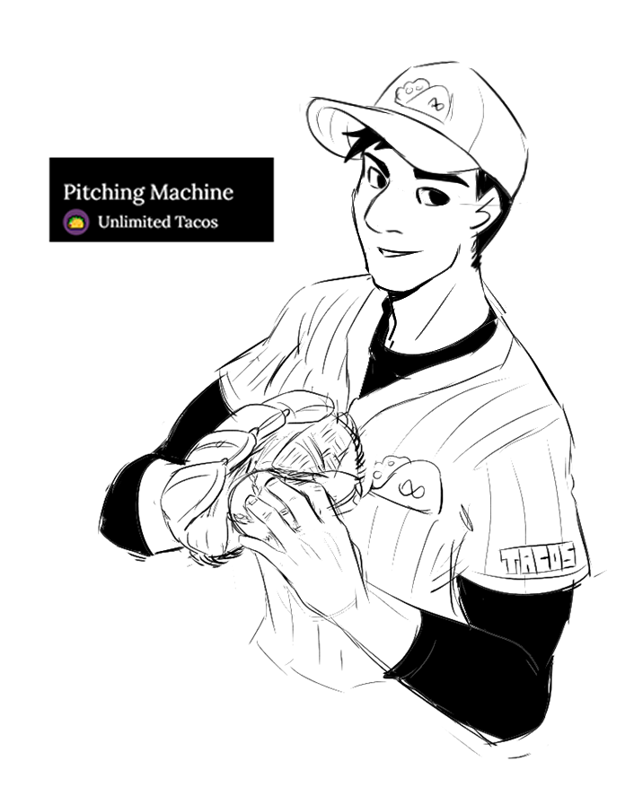The fandom is split on whether Pitching Machine is...

-A normal, (possibly haunted) pitching machine. 
-A cool robot.
-A normal human person who happens to be named Pitching Machine

And I love them all. #Blaseball truly contains multitudes.
<a href="/blaseball/">BLASEBALL COMMISSIONER ALTERNATE</a> <a href="/tacoblaseball/">LA Unlimited Tacos</a>