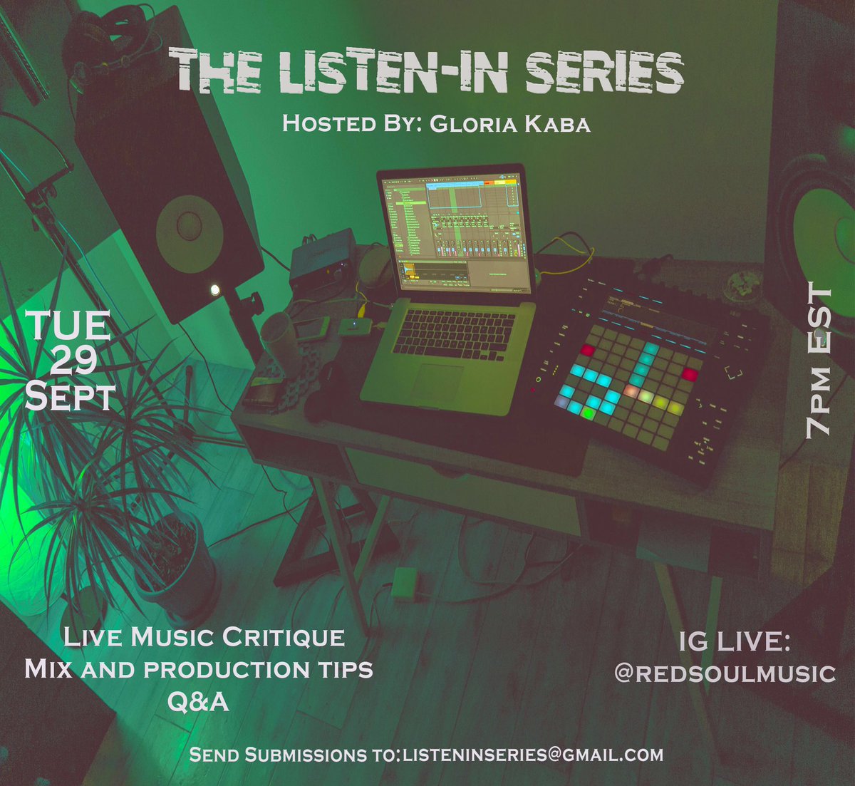 Join me on Sept 29th at 7pm for the next installment of “Listen-In”. I will be giving live feedback on submitted music. All artists, producers, and songwriters are welcome to submit. Submissions should be sent to listeninseries@gmail.com. Include your IG handle in the email.