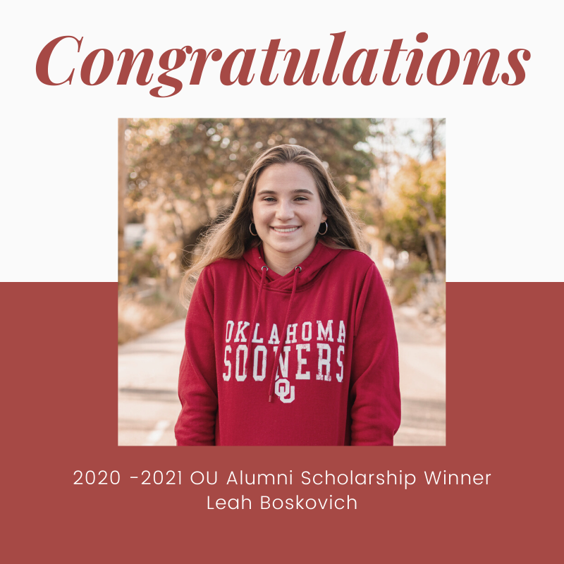 LASooners's tweet photo. Meet our 2020 - 2021 Scholarship Recipient! 
This is Leah, she's from the LA area and she's a Freshman at OU this semester! Thanks to your generosity, and purchasing all those koozies &amp; raffle tickets, she will be awarded $1000 for her first year of college! #BoomerSooner! https://t.co/GHrXM1ZHwa