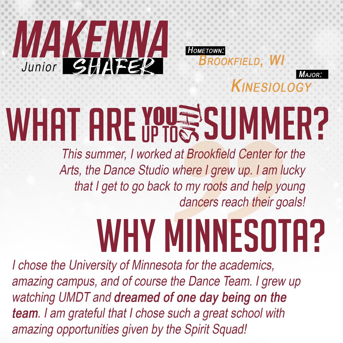 GopherSpirit's tweet image. Meet Makenna, third-year majoring in Kinesiology! ⬅️Swipe➡️ to see how she stayed busy this summer! #MeetTheVets #WhatAreYouUpToWednesday 〽️