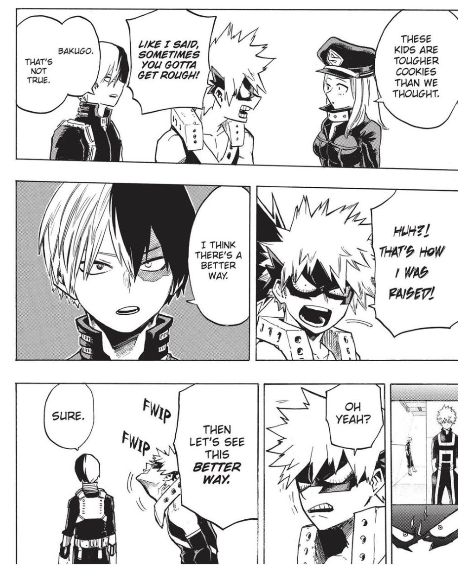 As for this chapterBakugo was actually implying that how he was raised worked for him. He understood why his mom disciplined him (it didn’t say anything about hitting too. It just says rough)