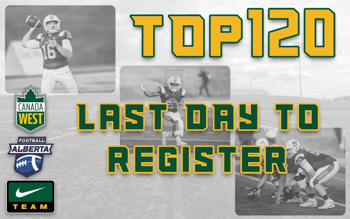 University of Alberta Football (@uabearsfootball) on Twitter photo Attn high school players! It's the last day to register for the TOP 120 program! You will be coached by CFL legends and top University coaches. There is no better place to better your craft this fall! Click the link in our bio or email dszafran@ualberta.ca to get signed up! #BOMB Attn high school players! It's the last day to register for the TOP 120 program! You will be coached by CFL legends and top University coaches. There is no better place to better your craft this fall! Click the link in our bio or email dszafran@ualberta.ca to get signed up! #BOMB