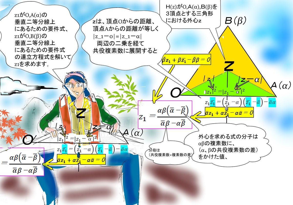 deadlinear2011's tweet image. #複素数　#complexnumber　#数３
#外心 #circumcenter
#創作同盟　#drawing　
#絵描きの輪　#artwork　#絵描き人　#art　#イラスト
#絵描きさんと繋がりたい　#創作　#illustrations
#art　 #digitalart　#ArtistOnTwitter 
#秋の創作クラスタフォロー祭り
複素数を用いた外心の表現を取り上げます。