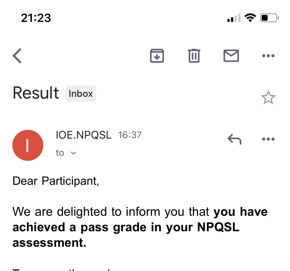 In the middle of a global pandemic, whilst I was growing my tiny human I completed my NPQSL and found out today I passed with full marks 😊
