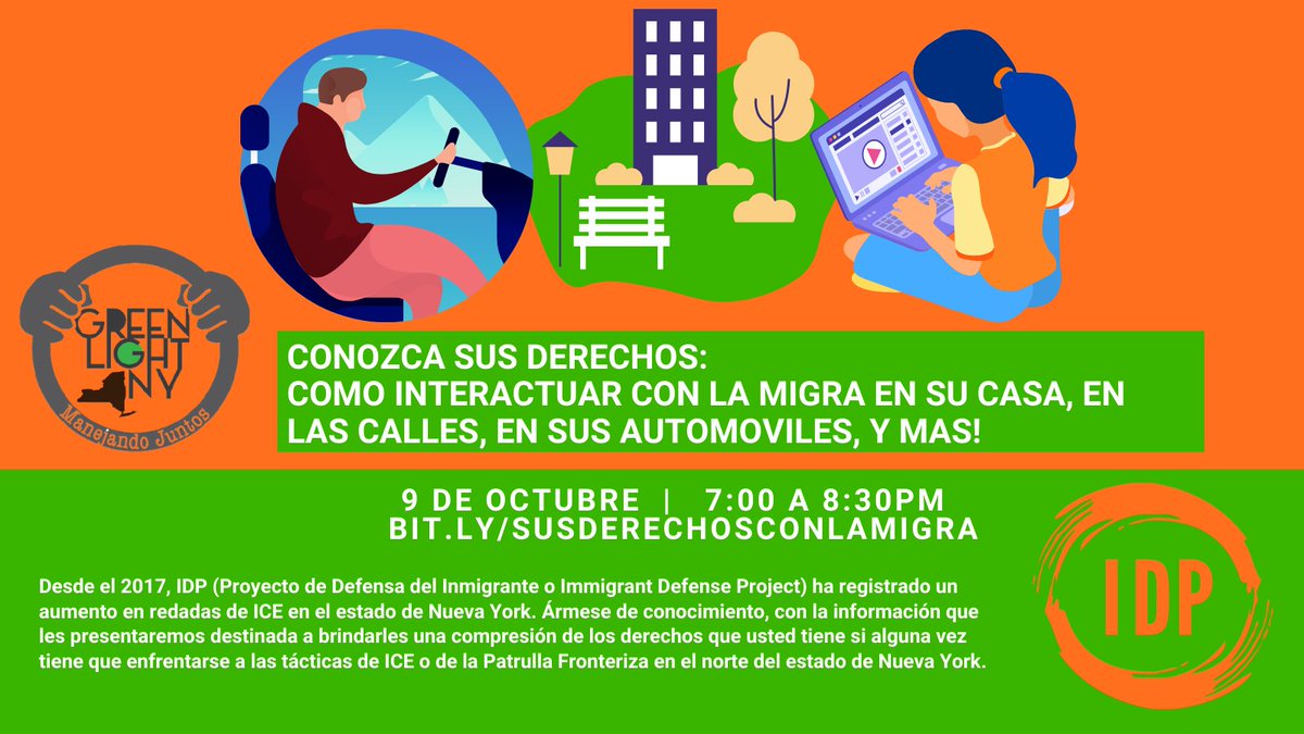 ¡Atención! Habrá una capacitación pronto con <a href="/GreenLightNYDT/">Green Light NY: DT</a> y <a href="/ImmDefense/">Immigrant Defense Project</a> 

Conozca Sus Derechos: Como interactuar con la migra en su casa, en las calles, en sus automóviles, y más.

Evento de Facebook: ow.ly/IT9850BzswY

#ConozcaSusDerechos #LuzVerdeNY