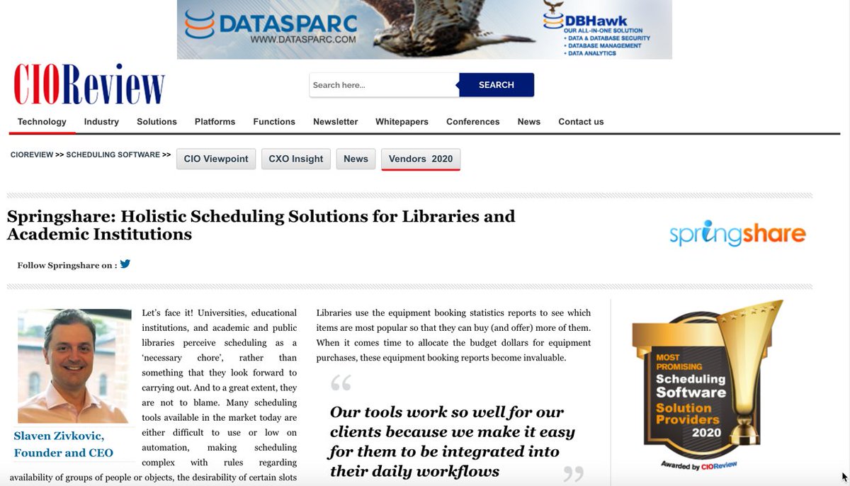 springshare's tweet image. Wohoo, Springshare is listed as one of the 20 most promising scheduling software solutions with #LibCal and #LibStaffer!
scheduling-software.cioreview.com/vendor/2020/sp…