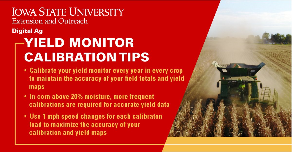 For accurate yield data this #harvest season, it's important that your combine's yield monitor is calibrated correctly. Check out our <a href="/ISUCropNews/">ISU Crop News</a> blog post with tips on calibrating your yield monitor here ➡️ tinyurl.com/y422lxbx