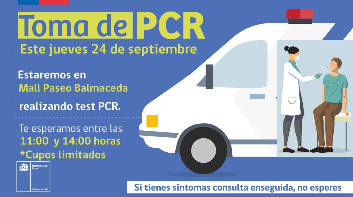 PESQUISA ACTIVA PARA DELIVERY 🚴‍♀️🚴‍♀️

Para todos los trabajadores de #reparto y #delivery de #LaSerena y #Coquimbo realizaremos este jueves 24 de septiembre un operativo de toma masiva de test PCR en el Mall Paseo Balmaceda para detectar casos asintomáticos de #Covid_19