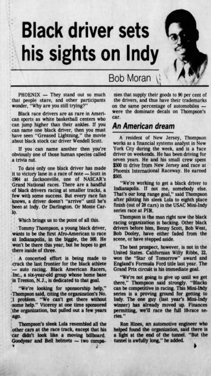 "We& #39;re working to get a Black driver to Indianapolis. If not me, then somebody else. That& #39;s our long range goal. We& #39;re not going to give up until we get there." - Tommy Thompson