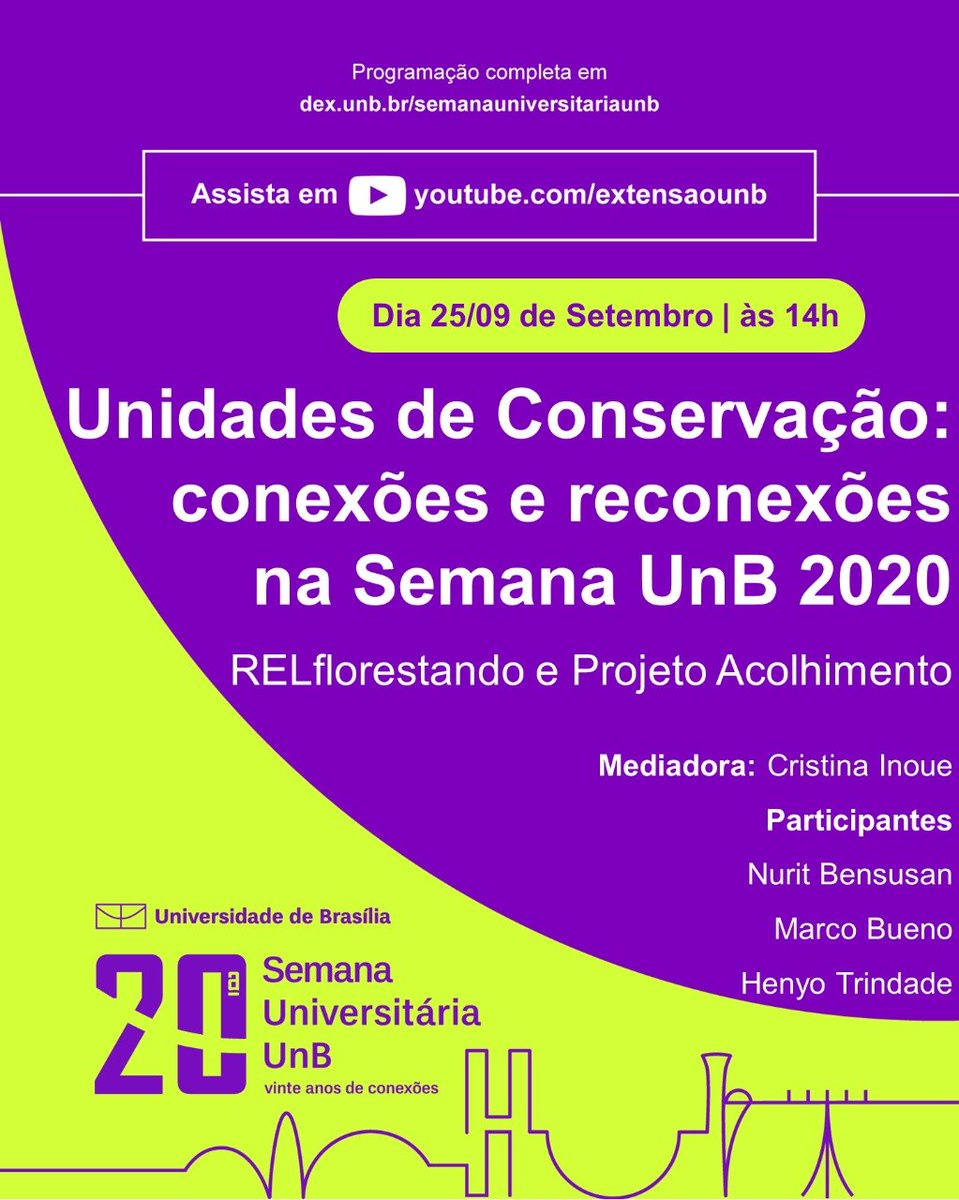 relflorestando's tweet photo. Já se inscreveu no nosso evento na semana universitária?
"Unidades de Conservação como espaços de conexão e reconexão" é dia 25/09 às 14h.
Participação:
Cristina Inoue - UnB
Nurit Bensusan - Instituto Socioambiental
Marco Bueno - Ministério do Meio Ambiente 
Henyo Trindade - UnB https://t.co/jkclrb2NA8