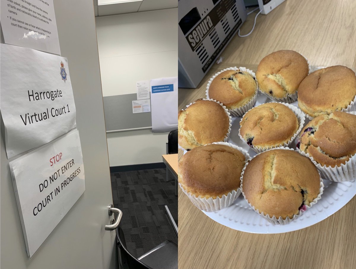 PC_769's tweet image. Today was a good day 🌧 to be stuck in the dungeon - aka custody 

Busy day for #virtualcourts in #Harrogate making up 4 out of 10 defendants...one of which was #remanded to #prison

Oven fresh muffins helped me/ us through the day..thanks to the #cakefairy 😉
#thinblueberryline