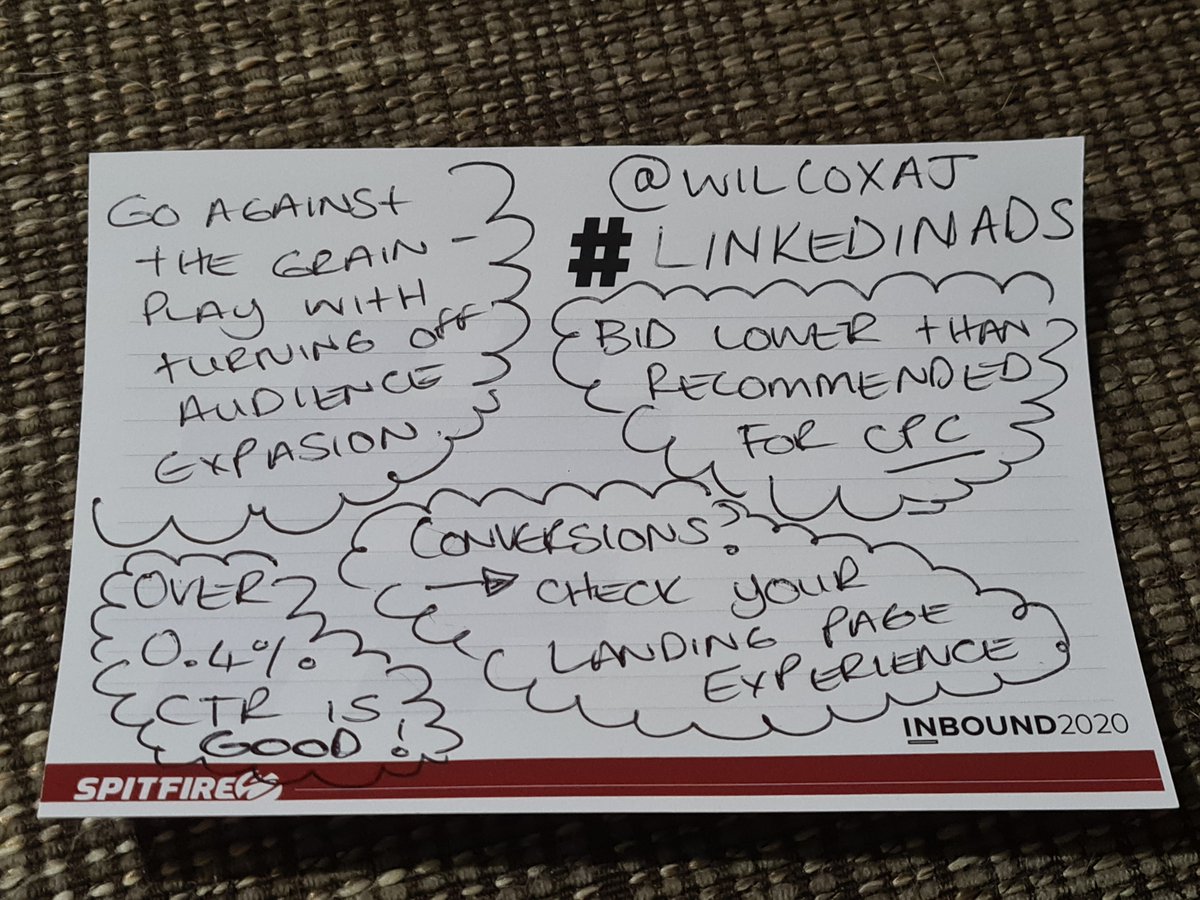 LaurenZiz's tweet photo. By far the most fascinating session of the day. Best quote from @wilcoxaj - "Avoid audience expansion like Covid-19" @INBOUND @SpitfireInbound #INBOUND20 #linkedinmarketing https://t.co/414Ge9jVnb