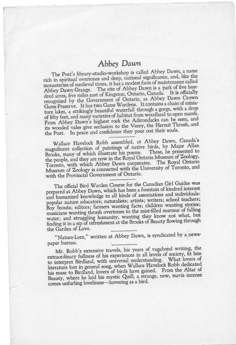 Burrowes - who is described as a "literary naturalist" leads to another  #fonds of interest, that of Wallace Havelock Robb, often called a "poet naturalist". Robb started the first  #sanctuary for  #BirdsOfPrey in North America which was situated just east of  #ygk on Abbey Dawn Rd.