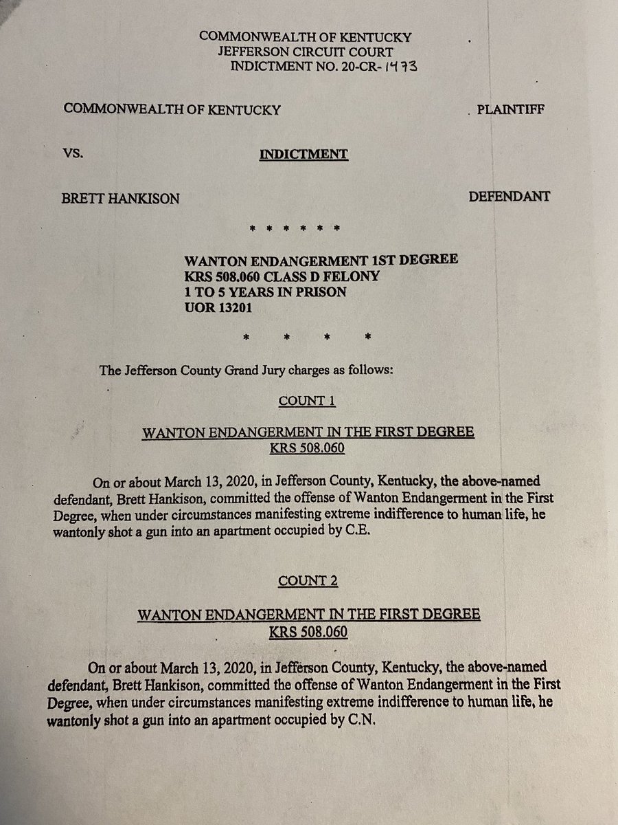 AymanM's tweet photo. They literally did the opposite of “say her name”. After investigating the killing of Breonna Taylor for 6 months, here is the 2-page indictment that was rendered against one officer for wanton endangerment. The indictment makes no explicit mention of her name #BreonnaTaylor https://t.co/Vl90sxnhhA