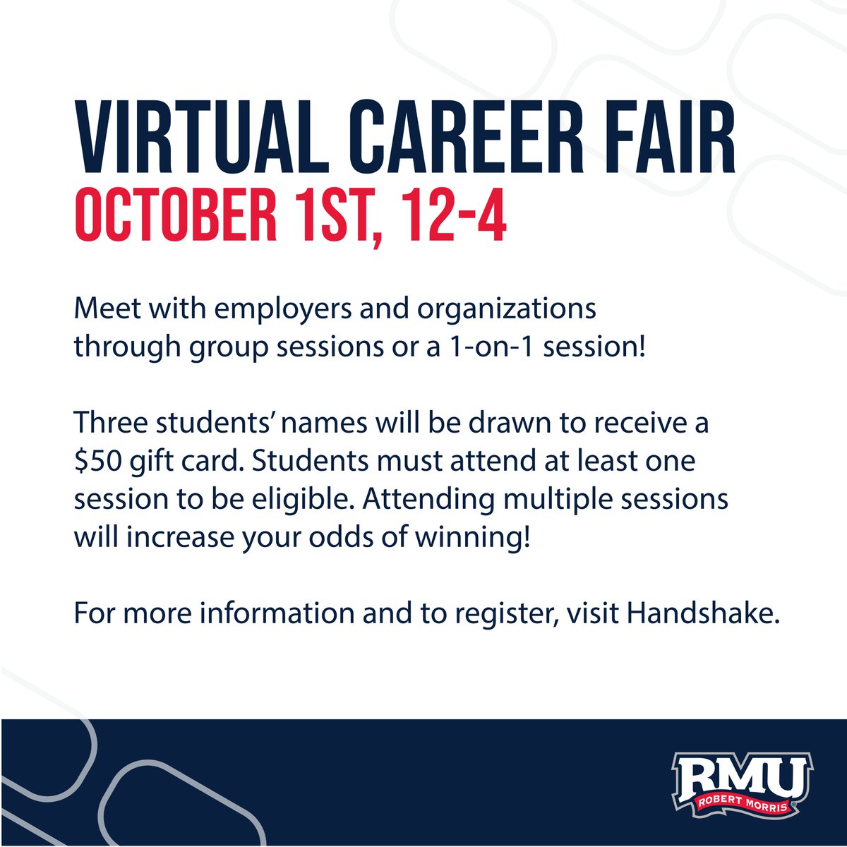 The Career and Professional Development Center (CPDC) is hosting our first-ever virtual career fair on October 1st from 12:00 – 4:00 pm in Handshake. 

For more information, visit rmu.joinhandshake.com/career_fairs/1…
