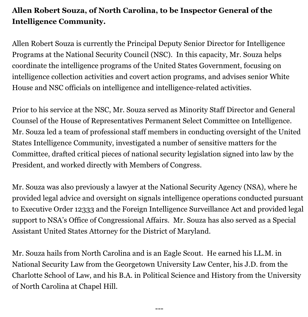 kyledcheney's tweet photo. JUST IN: Trump has nominated NSC advisor and former NUNES aide Allen Souza as the new inspector general of the intelligence community >>> https://t.co/fkwdxf8UlS