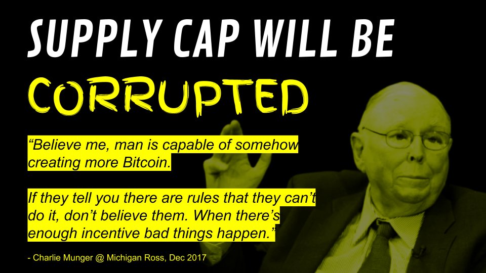 Charlie Munger is right about most things. But he’s wrong about this.Munger fails to see that Bitcoin is a monetary Schelling Point.Altering the supply cap would ensure that the resulting fork is neither valued nor considered ‘Bitcoin’ by network participants.