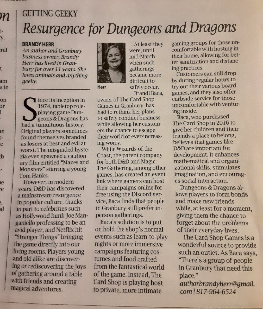 My first column in the <a href="/HoodCountyNews/">Hood County News</a>, available now!

<a href="/ChrisPerkinsDnD/">Christopher Perkins</a> <a href="/Wizards/">Wizards of the Coast</a> <a href="/JoeManganiello/">JOE MANGANIELLO</a> <a href="/Stranger_Things/">sƃuᴉɥʇ ɹǝƃuɐɹʇs</a> 

#dungeonsanddragons #DnD #tabletopgaming #roleplayinggames #tabletopgames