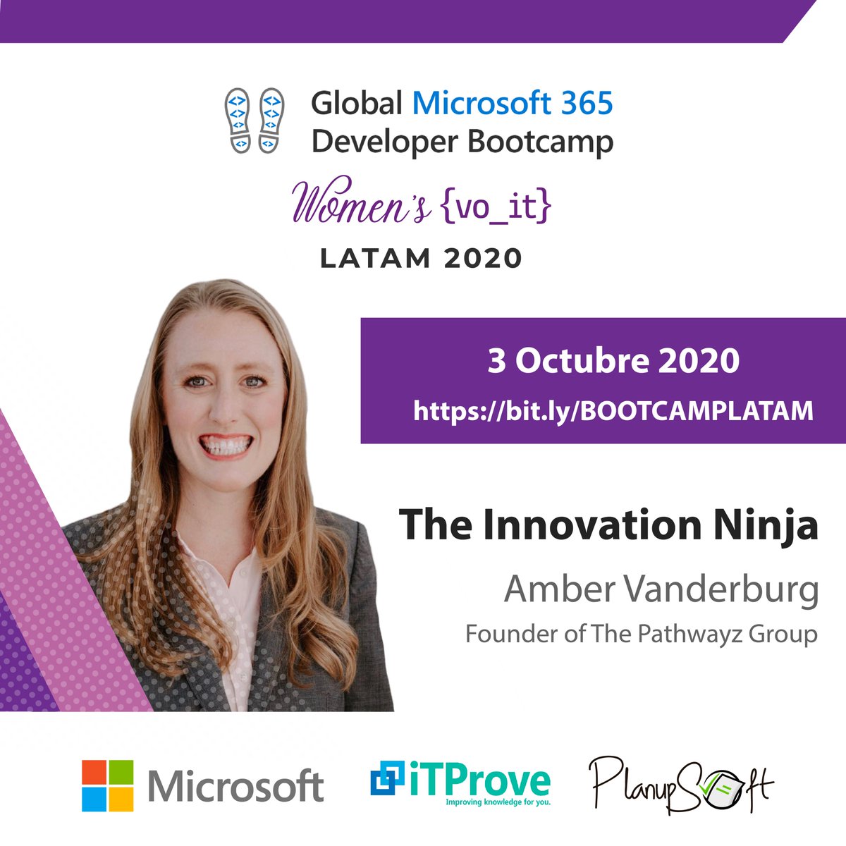 The Global Microsoft 365 Developer Bootcamp Women's Voice IT Latam 2020 is comming. We are so glad to introduce you to <a href="/VanderburgAmber/">Amber Vanderburg</a> she will present her talk "The innovation Ninja". Register to attend this and other sessions.
Register: bit.ly/BOOTCAMPLATAM