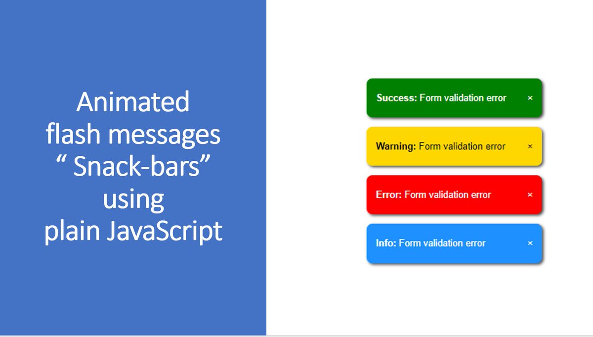CodePractical's tweet image. youtu.be/SPmLxRbe964
Flash messages using plain JavaScript : In this video I will show you step by step how you can dynamically show flash messages "snackbars" to users using plain JavaScript 
#javascript #practicalcodeacademy #html #css