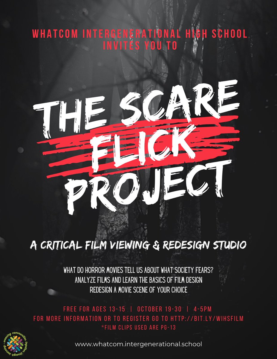 WhatcomIHS's tweet image. WIHS is excited to announce our upcoming critical film analysis studio, The Scare Flick Project, Oct. 19th-30th! Feel free to comment any questions you have, or to register at BIT.LY/WIHSFILM! #Bellingham #scarymovies