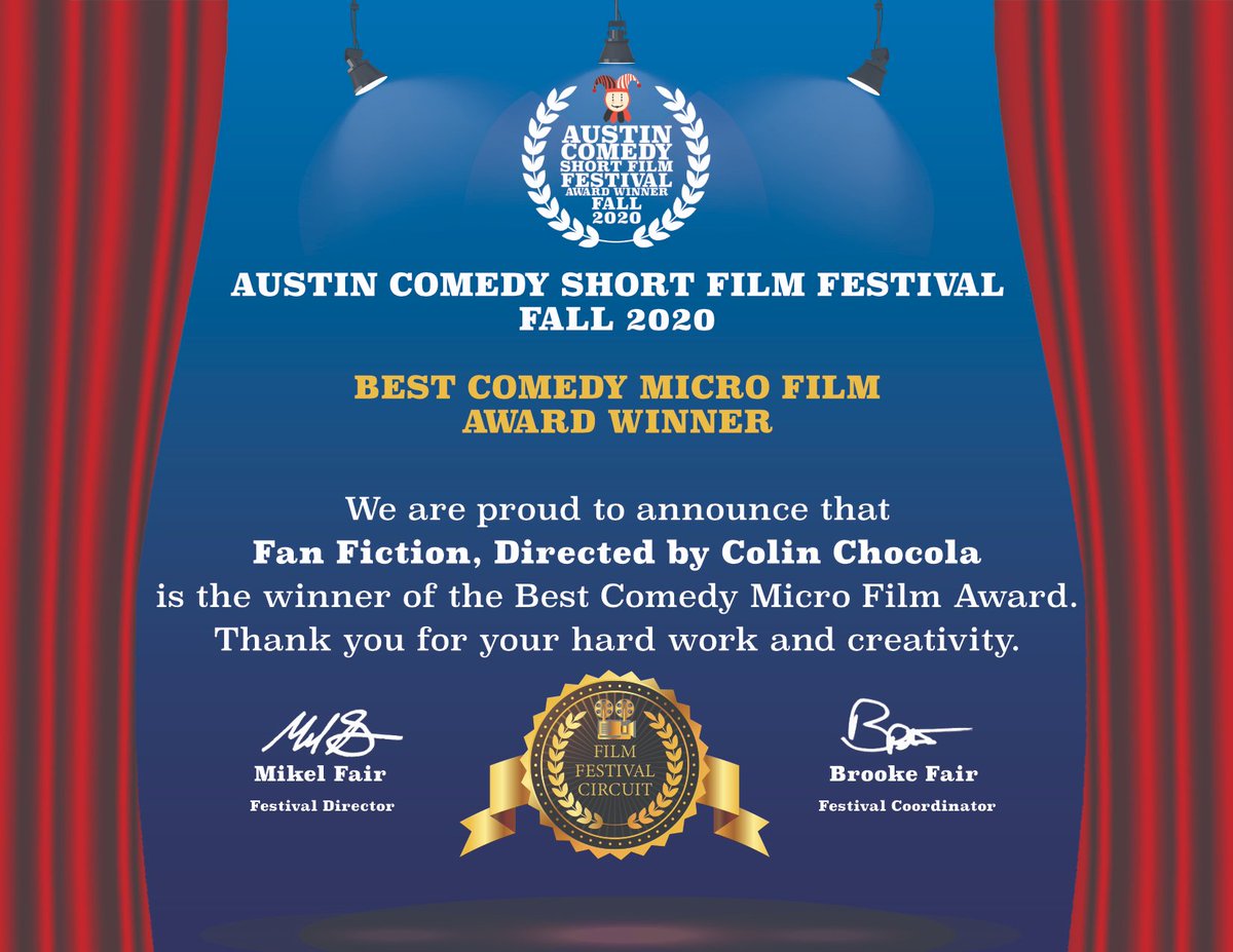 BadMedicineDC's tweet photo. Congrats to the "Fan Fiction" cast and crew for winning Best Comedy Micro Film Award at the Austin Comedy Short Film Festival (Fall 2020) https://t.co/SGVFZEOGYN #shortfilm #comedy #digitalshort #austincomedyshortfilmfestival #filmfestivalcircuit #bestcomedy https://t.co/MvS0ErxpKa