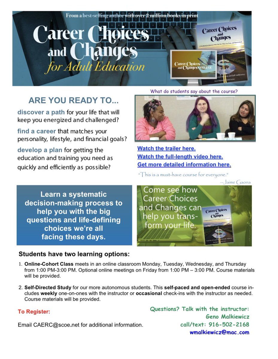 CapitalAdultEdu's tweet photo. Career Choices and Changes class being offered! #adulted #adultedu #strongworkforce #k12adultedmatters #caerc @CapitalAdultEdu @sac_coe @LosRiosColleges @FolsomCordova @officialSCUSD @AmadorAdultEd @ElDoradoCOE @ElkGroveACE @TwinRiversAdult https://t.co/28fq4jLX8d
